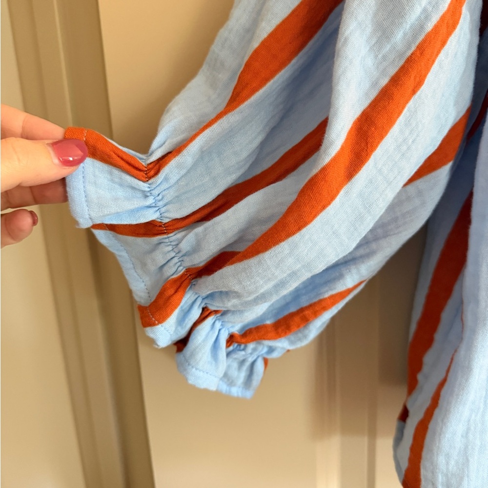 Striped Button-Front Peasant Blouse - Light Blue & Rust - Picture 3 of 3